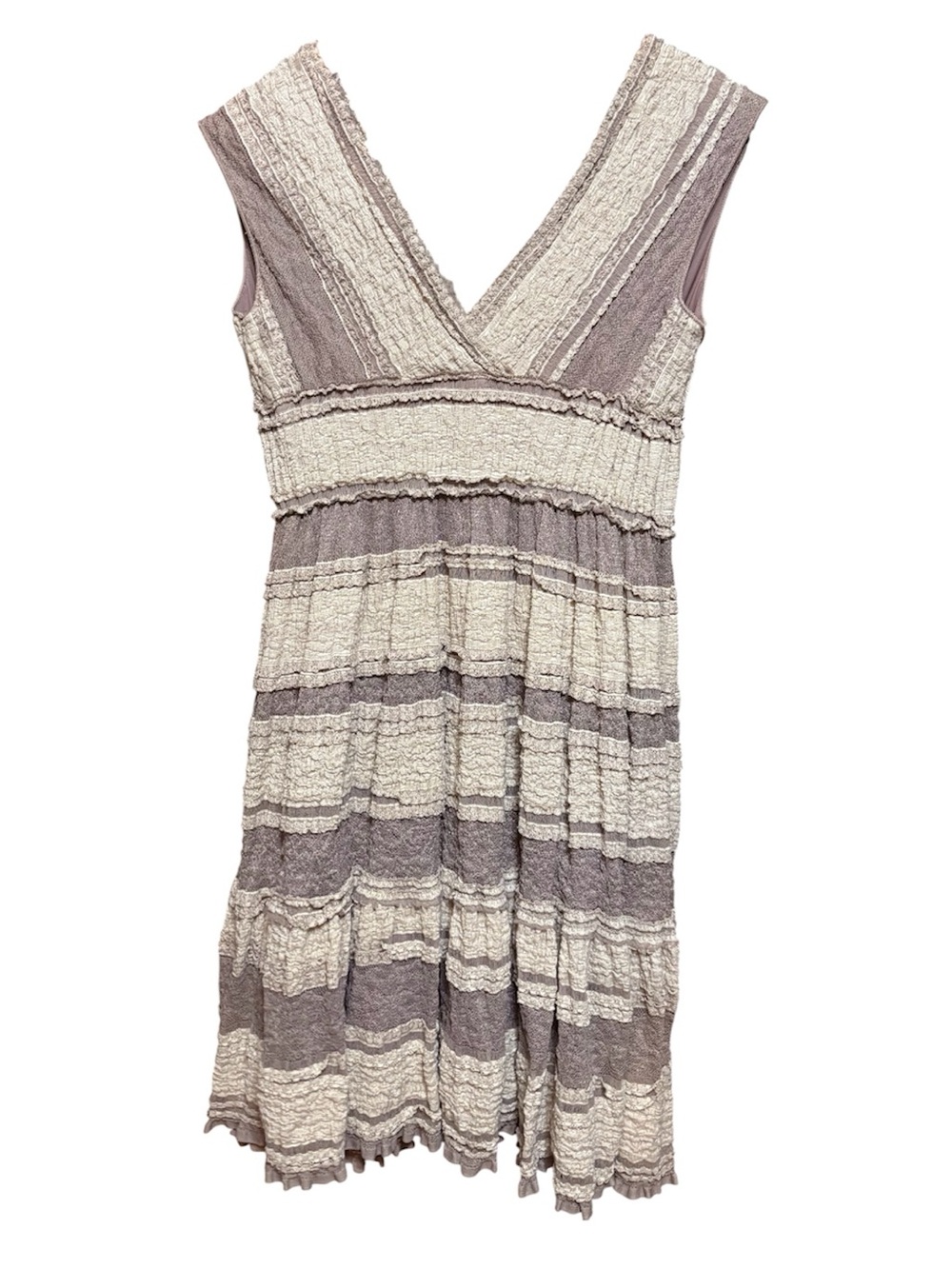 Max Studio S Taupe and Cream Textured V-Neck Midi Dress